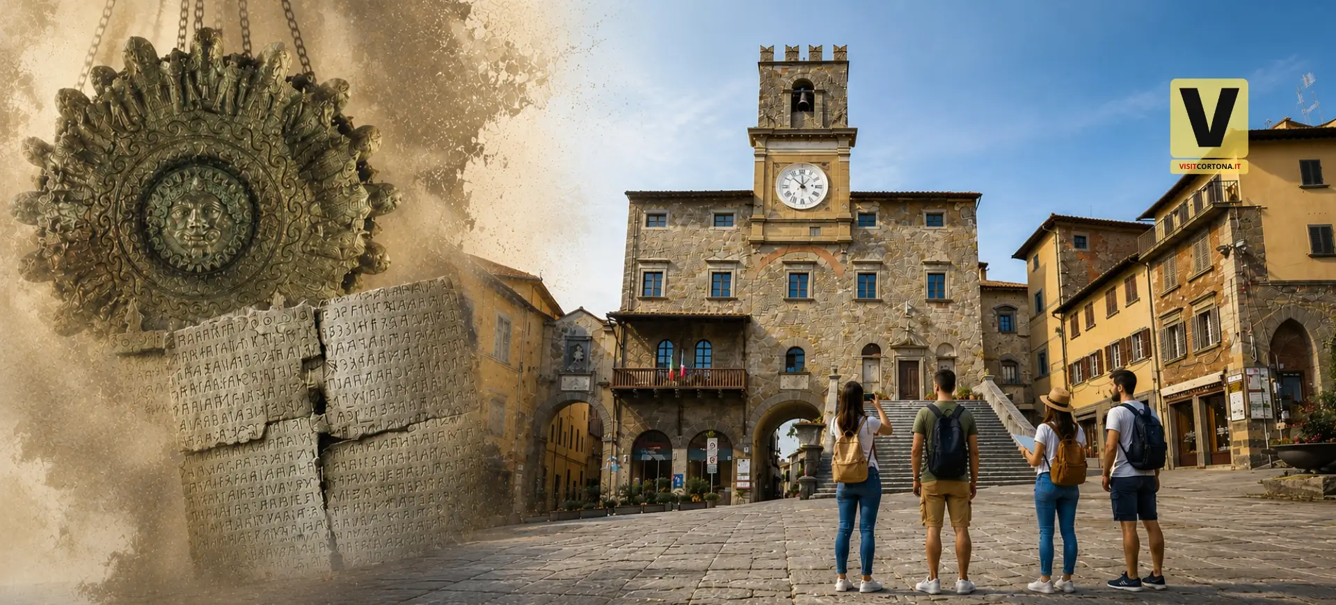 Palazzo Comunale di Cortona con turisti in Piazza della Repubblica e richiami al patrimonio etrusco della citt&agrave;.